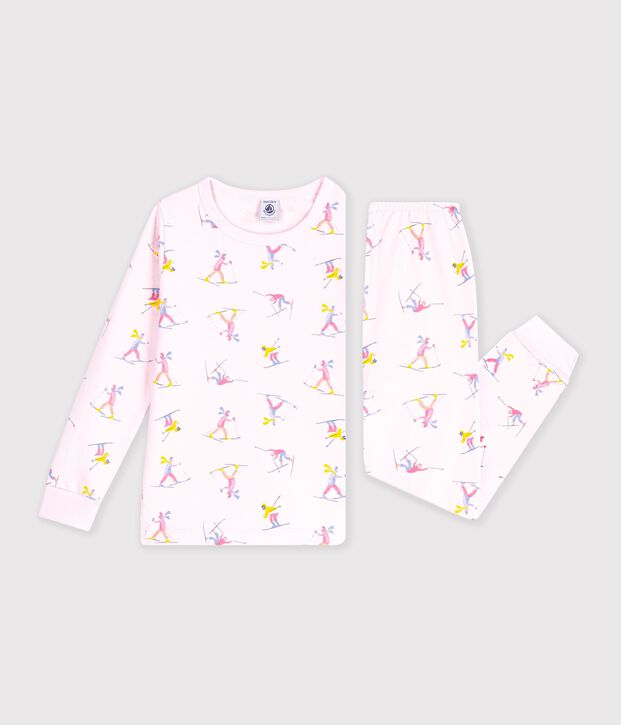 Kinder-Pyjama aus Molton mit Skifahrern rosa/vielfarbig