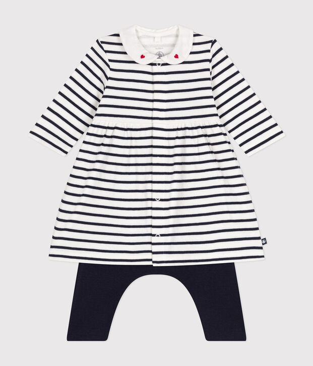 Baby-Kleid und Leggings aus Baumwolle weiss/blau