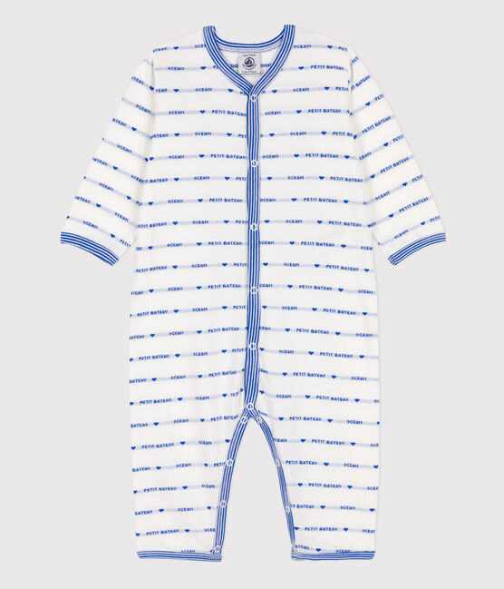 Strampler ohne Füße aus Baumwoll-Jacquard weiss MARSHMALLOW/blau PERSE