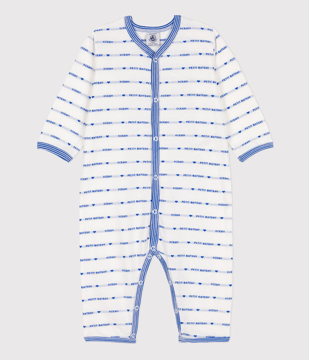 Strampler ohne F&uuml;&szlig;e aus Baumwoll-Jacquard weiss/blau