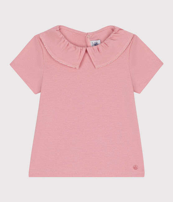 Kurzärmeliges Kinder T-Shirt aus einfarbiger Baumwolle mit Kragen rosa CHARME