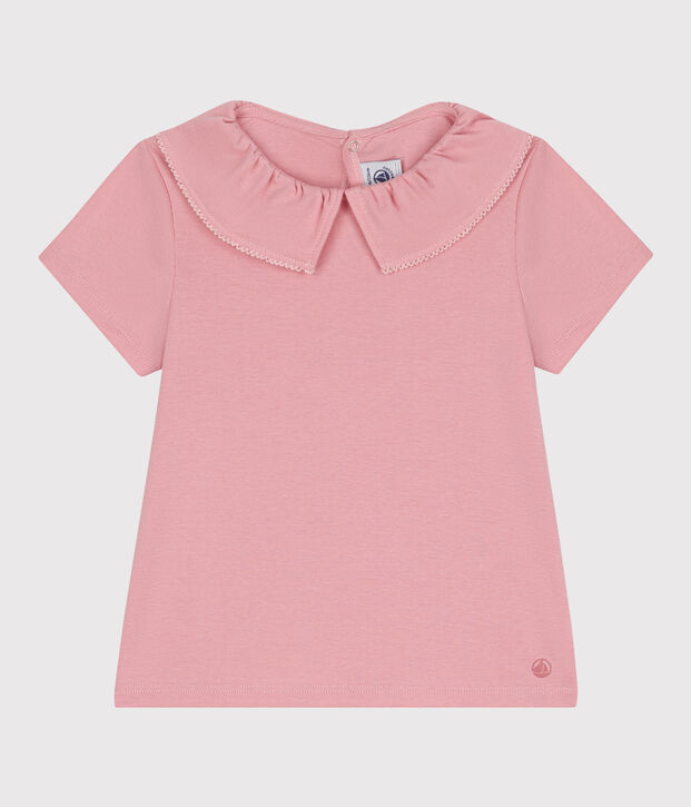 Kurz&auml;rmeliges Kinder T-Shirt aus einfarbiger Baumwolle mit Kragen rosa