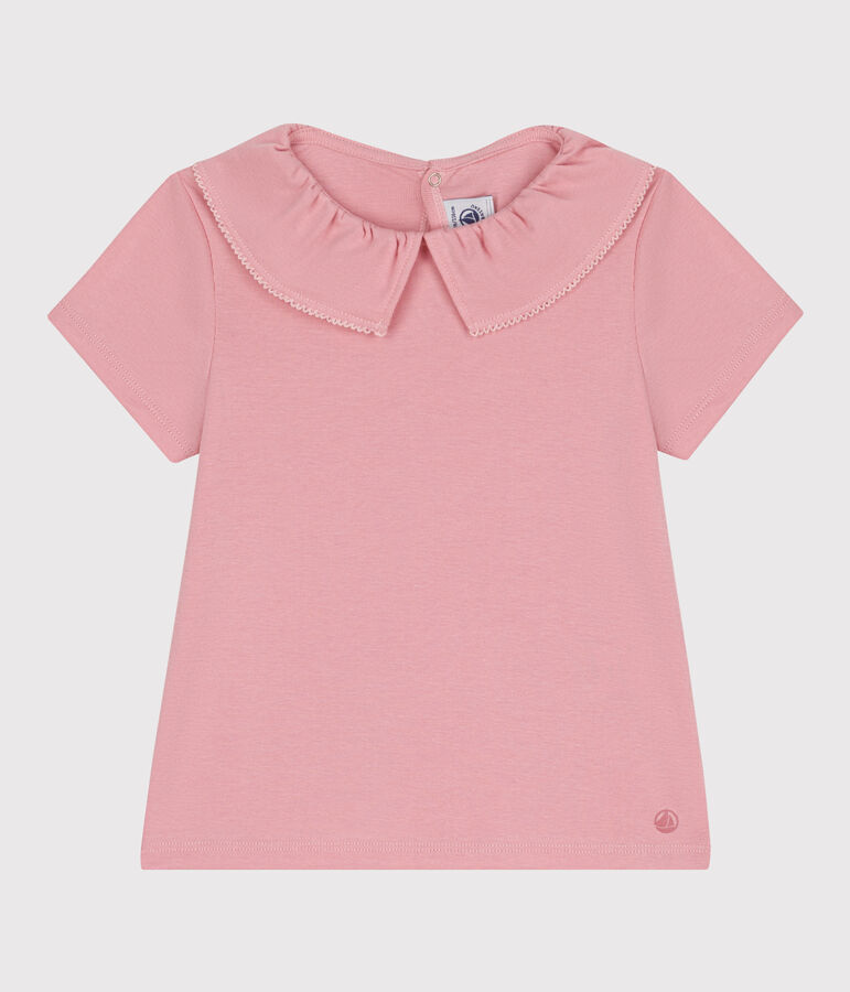 Kurz&auml;rmeliges Kinder T-Shirt aus einfarbiger Baumwolle mit Kragen rosa CHARME