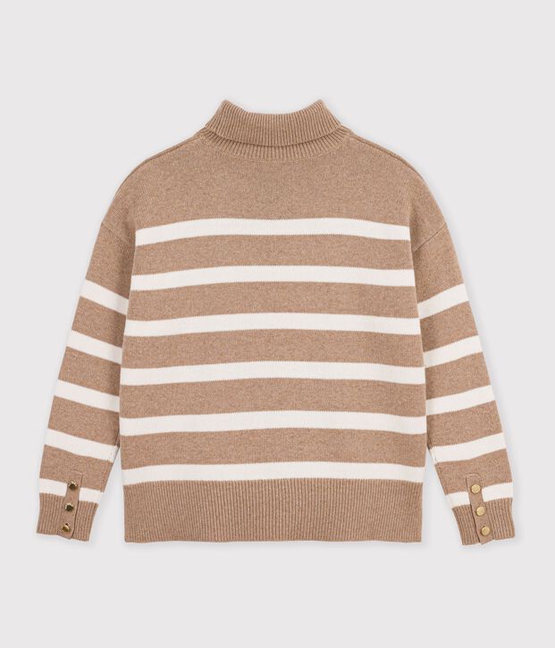 Damen-Pullover mit Rollkragen aus Wolle und Baumwolle mit Streifen beige/naturfarben