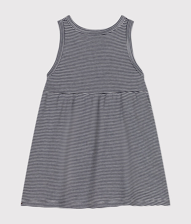 &Auml;rmelloses Baby-Kleid aus gestreifter Baumwolle blau/weiss