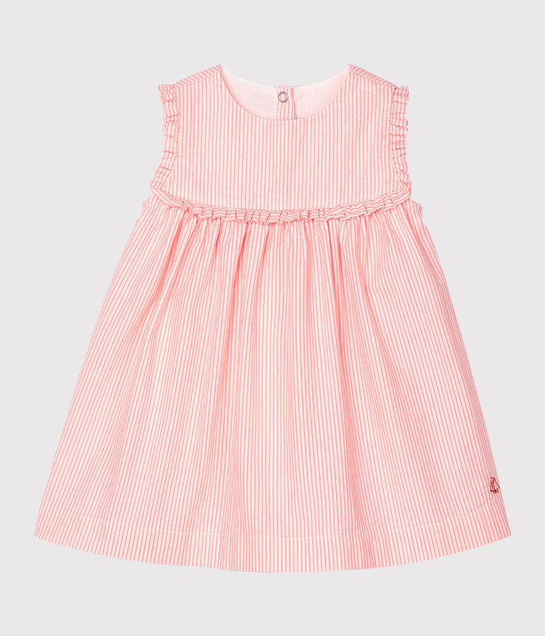 Gestreiftes kurz&auml;rmeliges Babykleid f&uuml;r M&auml;dchen weiss MARSHMALLOW/rosa ROSAKO