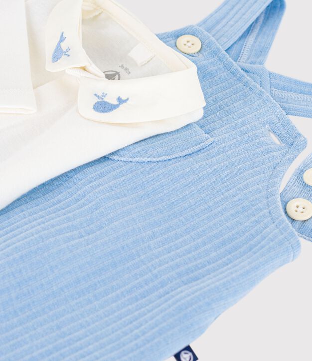 Baby-Set Latzhose/Body aus einfarbiger Baumwolle mit h&uuml;bschen Stickereien blau/naturfarben
