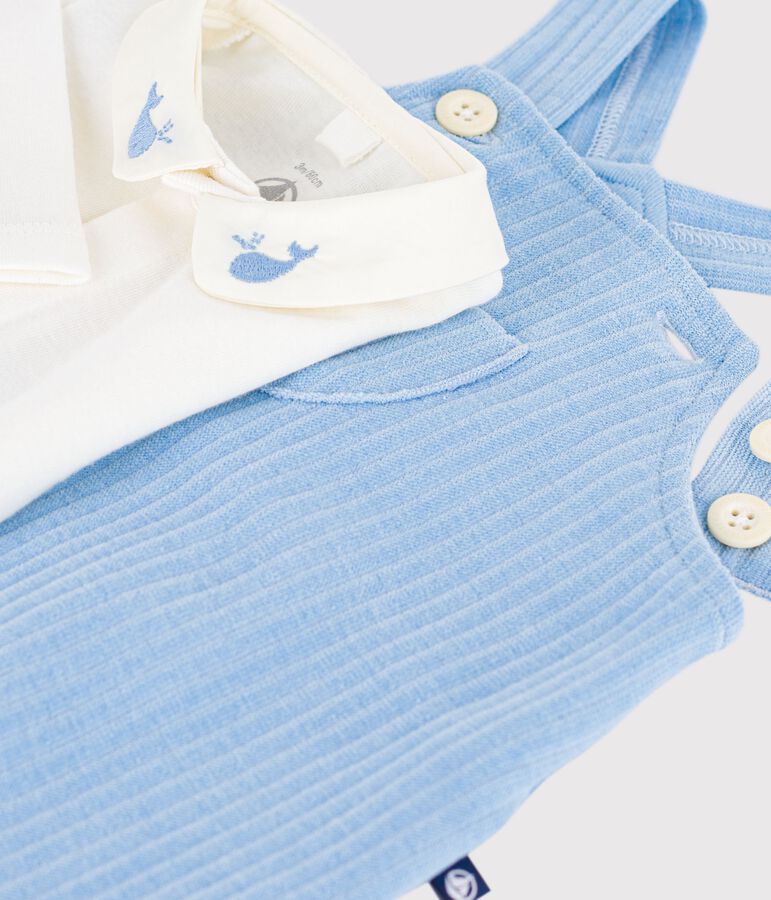 Baby-Set Latzhose/Body aus einfarbiger Baumwolle mit h&uuml;bschen Stickereien blau/naturfarben