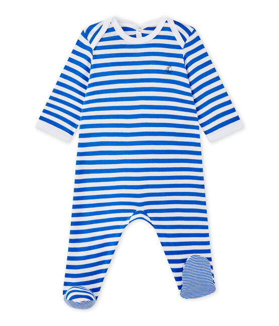 Geringelter Baby-Jungen-Strampler blau PERSE/weiss ECUME