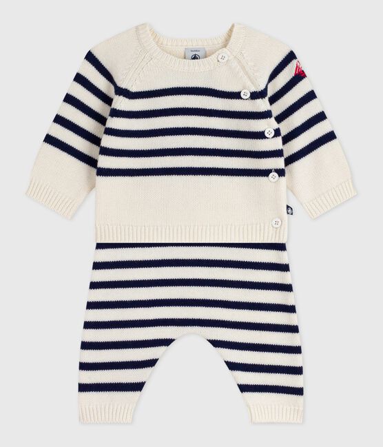 2-teiliges Baby-Set aus Wollstrick mit Matrosenstreifen blau MARSHMALLOW/ SOIR