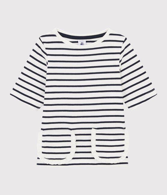 Gestreiftes Kinder-T-Shirt für Mädchen weiss MARSHMALLOW/blau SMOKING