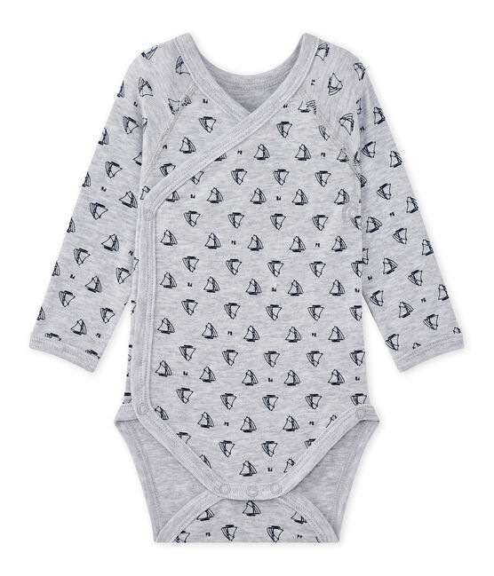 Bedruckter Baby-Jungen-Wickelbody mit langen Ärmeln grau POUSSIERE/blau MEDIEVAL