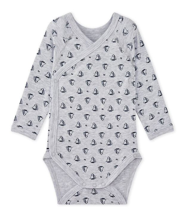 Bedruckter Baby-Jungen-Wickelbody mit langen &Auml;rmeln grau/blau