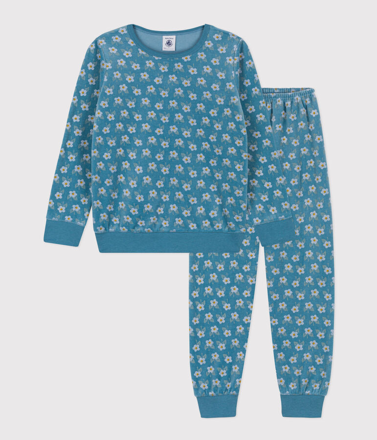 Kinderpyjama aus Nicki mit Blumenmotiv f&uuml;r M&auml;dchen blau/vielfarbig