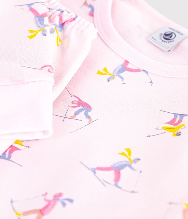 Kinder-Pyjama aus Molton mit Skifahrern rosa/vielfarbig