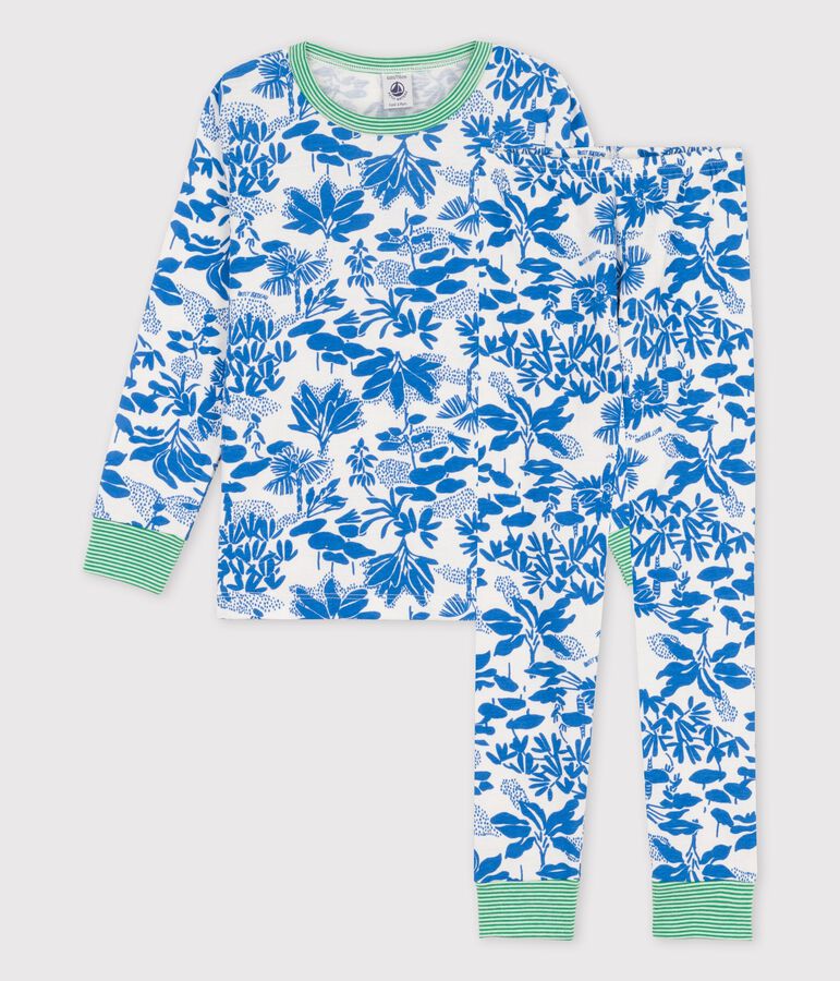 Kinderpyjama aus Baumwolle mit Pflanzenmuster f&uuml;r Jungen weiss/blau
