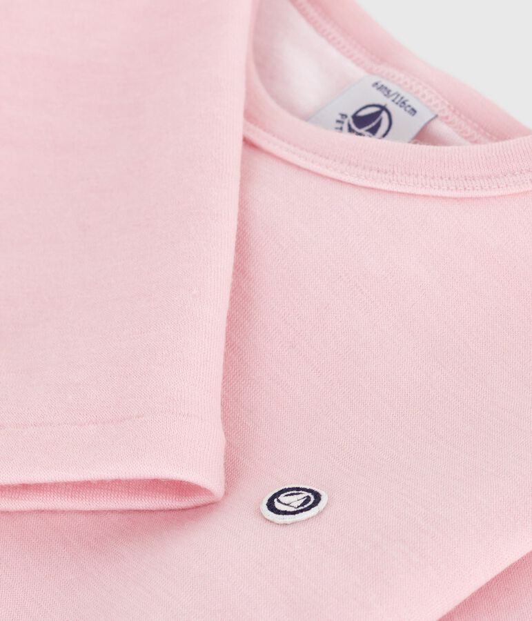 Lang&auml;rmeliges Kinder T-Shirt aus einfarbiger Wolle und Baumwolle rosa