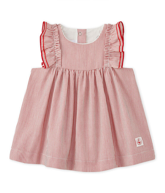 Gestreiftes Baby-Mädchen-Kleid aus Popeline weiss LAIT/rot TERKUIT