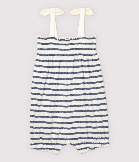 Gestreifter Baby-Kurzoverall aus Baumwolle/Leinen für Mädchen weiss MARSHMALLOW/blau MEDIEVAL