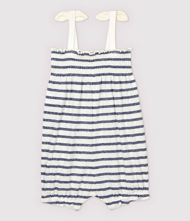 Gestreifter Baby-Kurzoverall aus Baumwolle/Leinen f&uuml;r M&auml;dchen weiss/blau