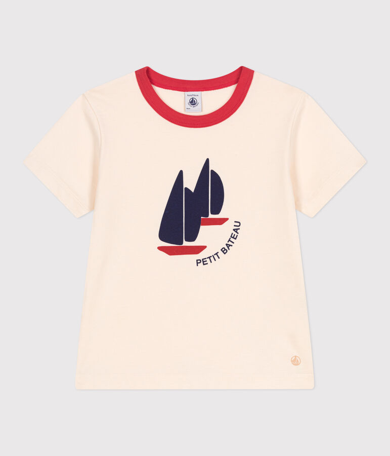 Kurz&auml;rmeliges Kinder-T-Shirt aus bedruckter Baumwolle naturfarben