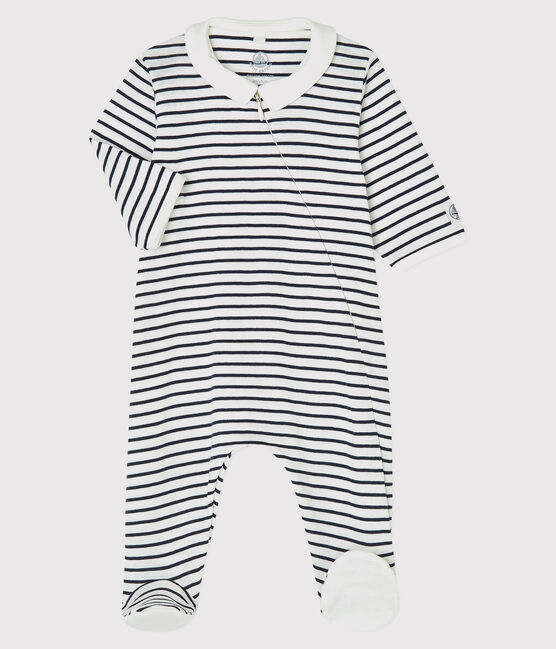 Baby-Strampler aus Bio-Baumwolle mit Marinestreifen weiss MARSHMALLOW/blau SMOKING