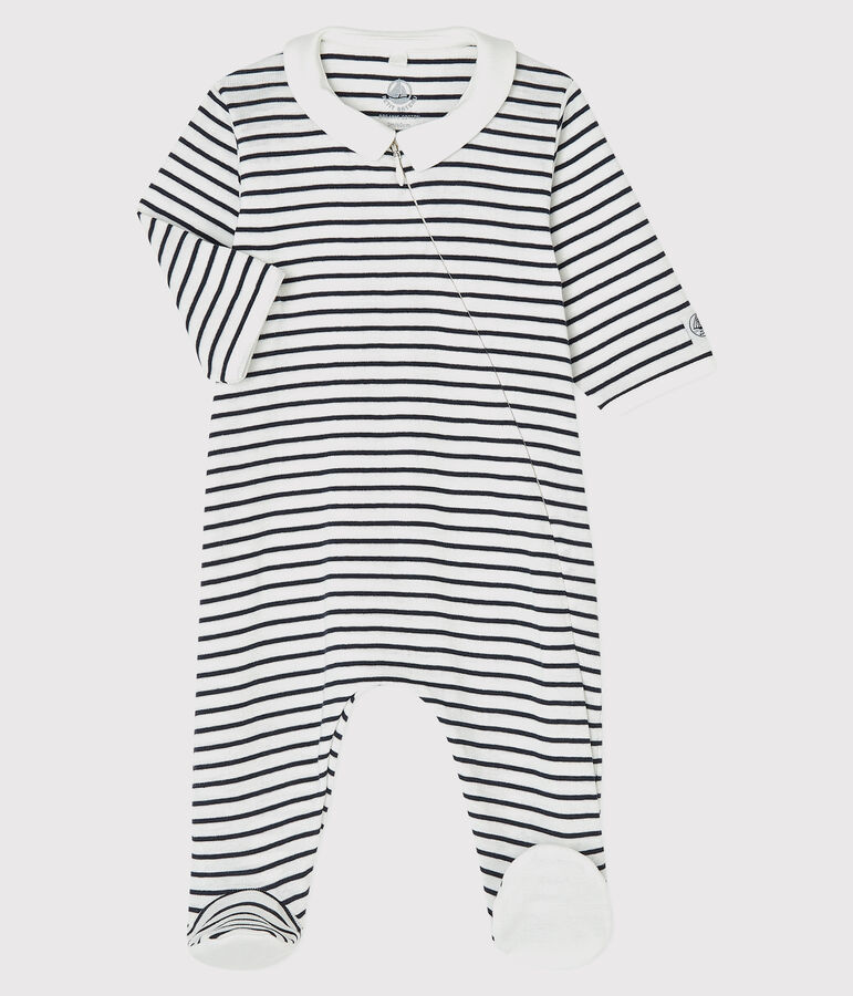 Baby-Strampler aus Bio-Baumwolle mit Marinestreifen weiss/blau