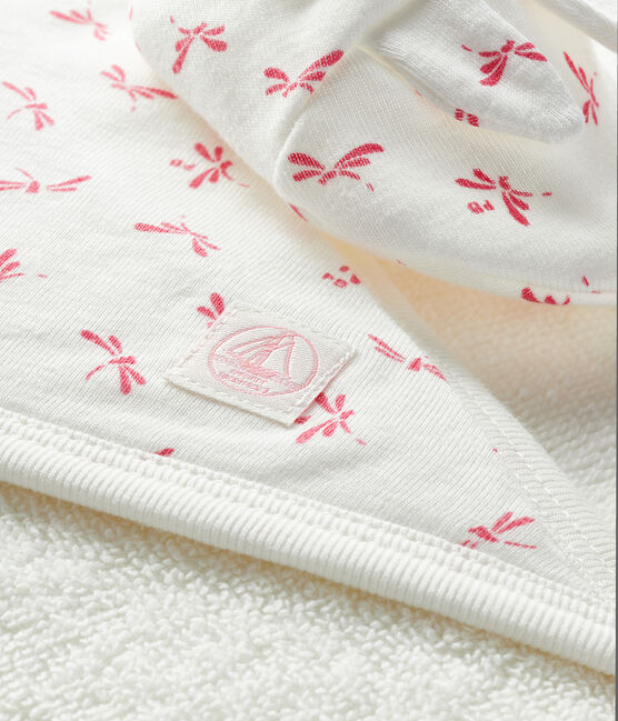 Box mit Badetuch und Babyschuhen aus Frottee und Rippstrick weiss MARSHMALLOW/rosa GROSEILLER