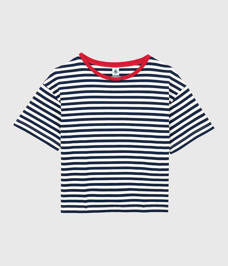 Damen-T-Shirt DAS BOXY aus Baumwolle blau/weiss