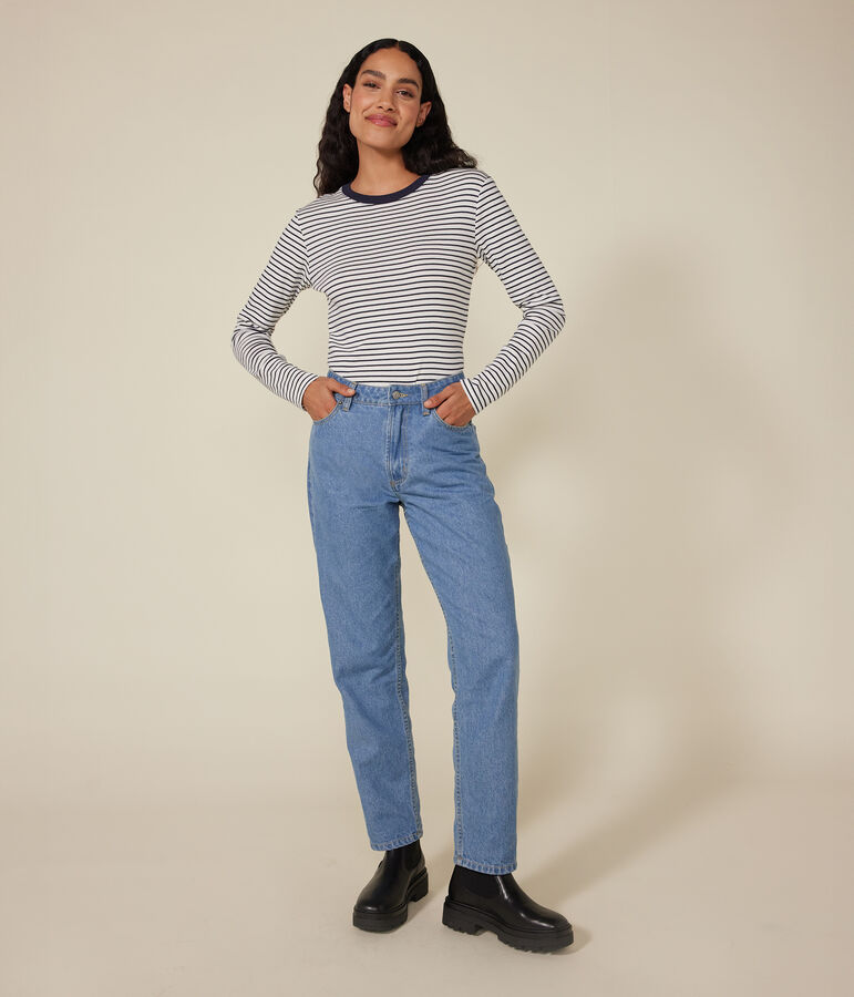 Lang&auml;rmeliges Damen-T-Shirt L'Iconique aus gestreiftem Rippstrick weiss/blau