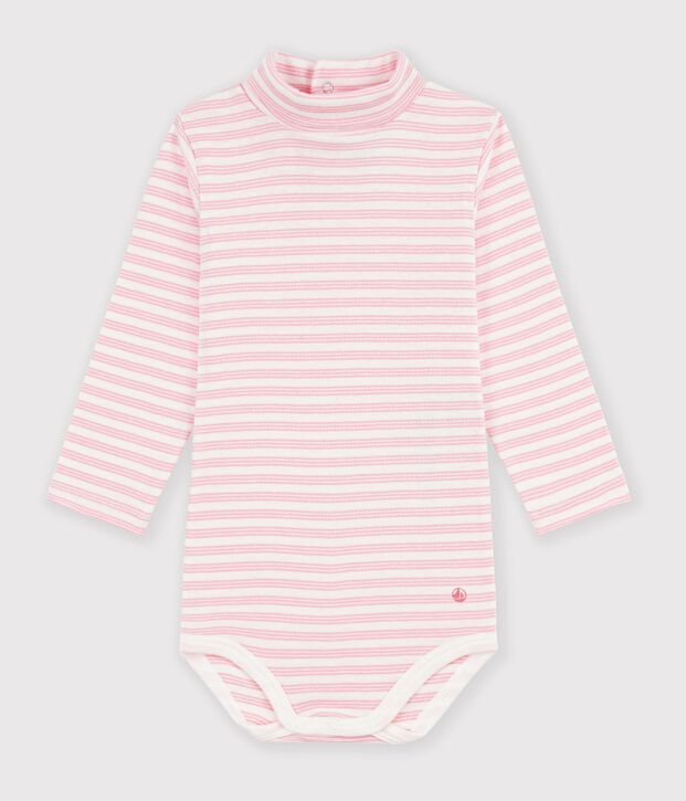 Baby-Body aus Baumwolle mit Rollkragen und Streifen rosa/rosa