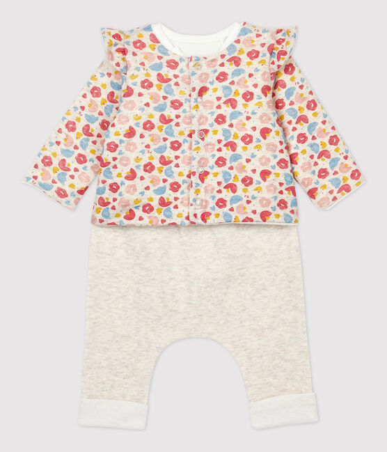 Dreiteiliges Baby-Set aus Wolle und Bio-Baumwolle mit Blumenmuster für Mädchen beige MONTELIMAR/weiss MULTICO