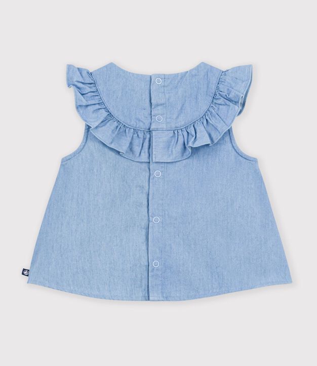 &Auml;rmellose Baby-Bluse aus besticktem Chambray-Baumwollstoff blau