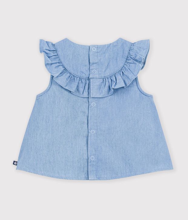 &Auml;rmellose Baby-Bluse aus besticktem Chambray-Baumwollstoff blau