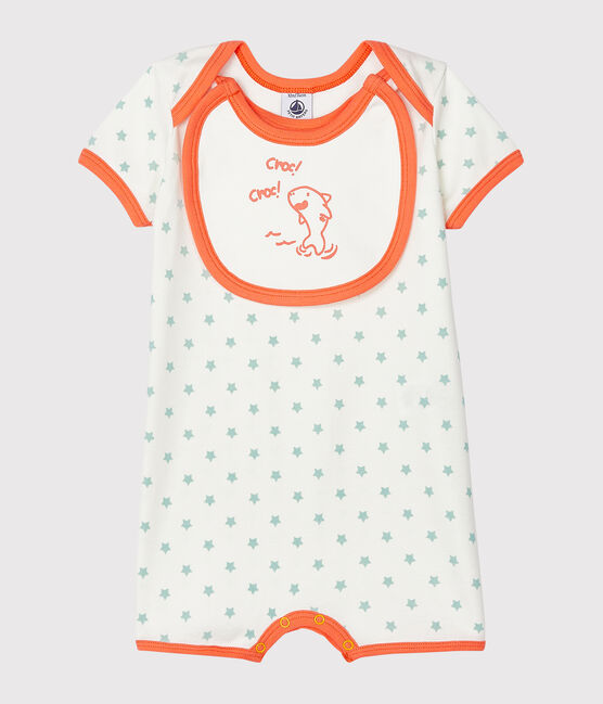 Baby-Kurzoveralls aus Rippstrick für Jungen weiss MARSHMALLOW/grün VERGLAS