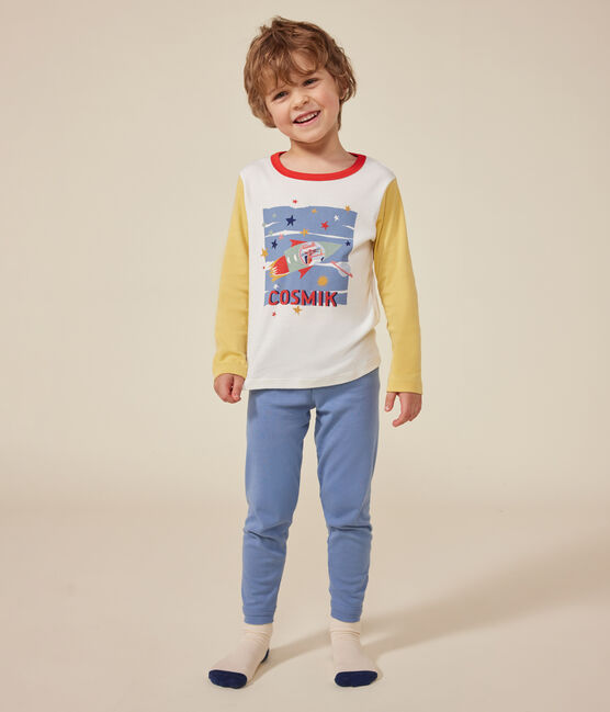 Kinder-Pyjama aus einfarbiger Baumwolle mit Weltraummotiv blau BEACH/ MULTICO