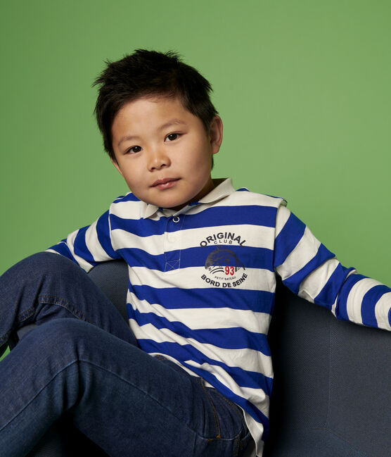 Langärmeliges Kinder-Poloshirt aus Jersey für Jungen blau SURF/weiss MARSHMALLOW