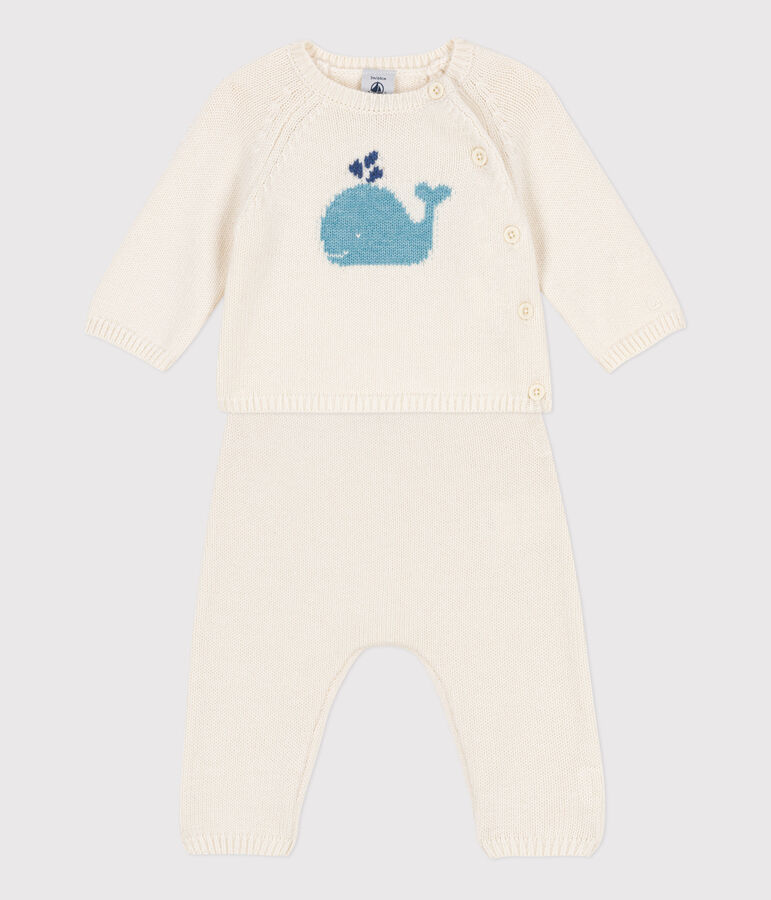 Baby-Set aus Woll- und Baumwoll-Strick weiss