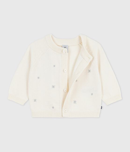 Baby-Cardigan aus Woll- und Baumwollstrick mit bestickten Sternen weiss MARSHMALLOW/grau ARGENT