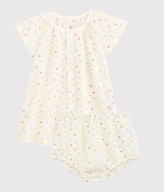 Kurzärmeliges Baby-Kleid mit Bloomers für Mädchen weiss MARSHMALLOW/weiss MULTICO