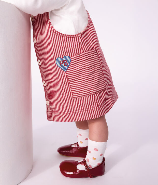&Auml;rmelloses Baby-Kleid aus Baumwolle mit Streifen und Herz-Aufn&auml;her rosa/rosa