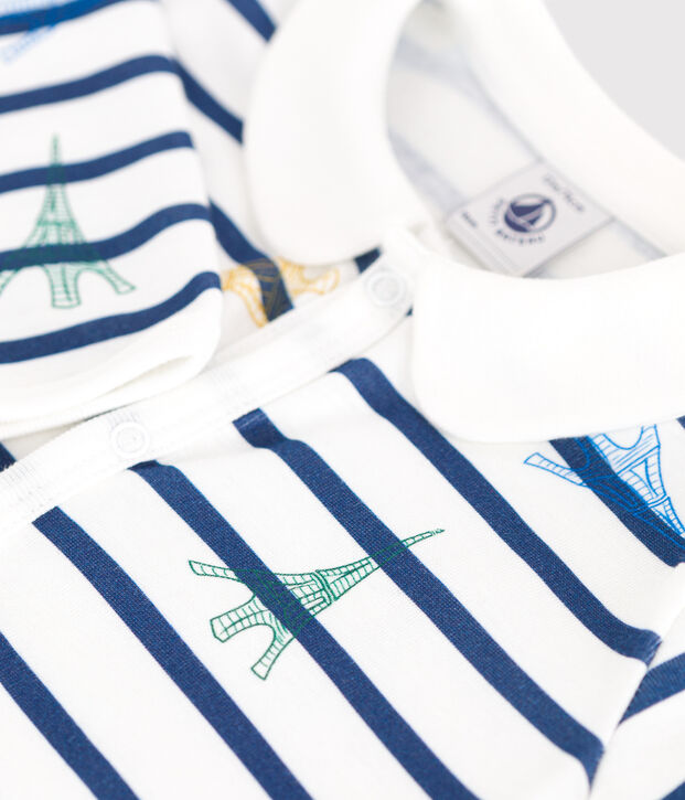 Strampler ohne F&uuml;&szlig;chen aus Baumwolle mit Kragen und Paris-Motiv weiss/vielfarbig