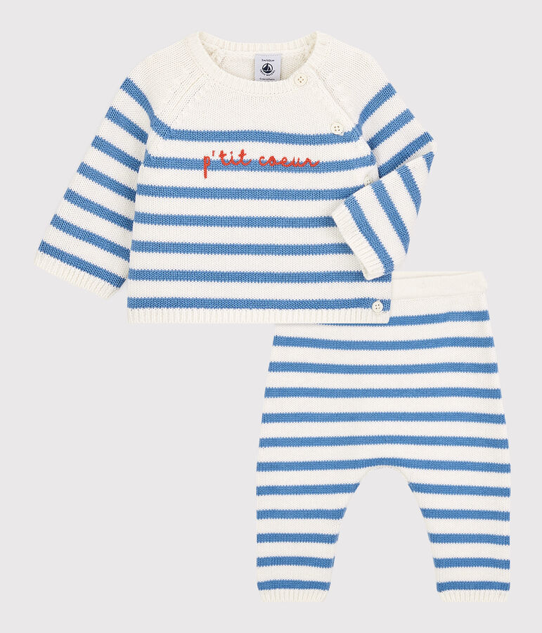 Zweiteiliges Baby-Set aus Woll- und Baumwoll-Strick mit Marinestreifen weiss/blau