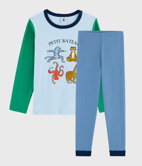 Yoga-Kinderpyjama aus Rippstrick mit Tieren für Jungen blau ALASKA/weiss MULTICO