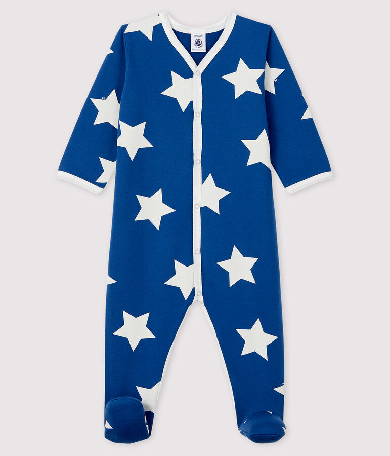 Blauer Baby-Strampler aus Molton mit Sternenmuster blau/weiss
