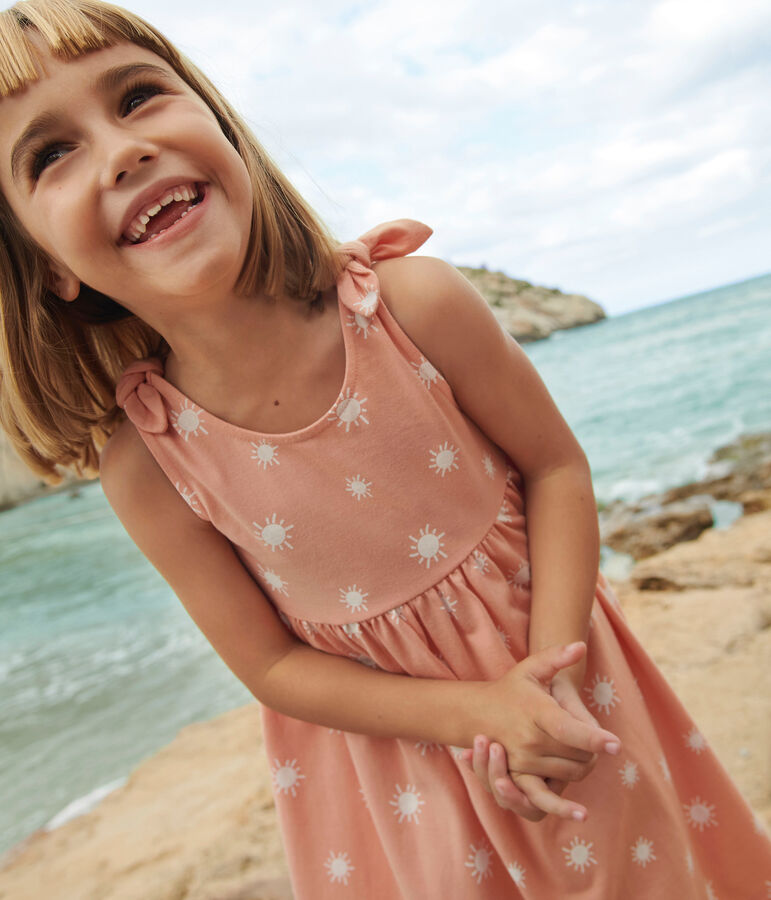 &Auml;rmelloses Kinder-Kleid aus bedruckter Baumwolle orange/weiss