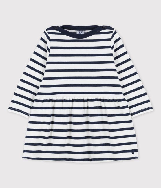 Langärmeliges klassisches Baby-Kleid aus dickem Bio-Jersey weiss MARSHMALLOW/blau SMOKING