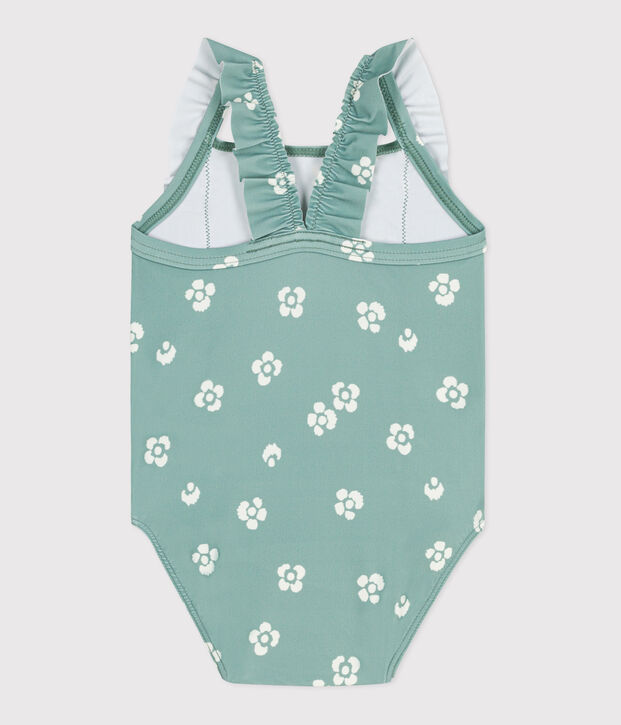 Einteiliger Baby-Badeanzug mit R&uuml;schen und Blumenmuster gr&uuml;n/weiss