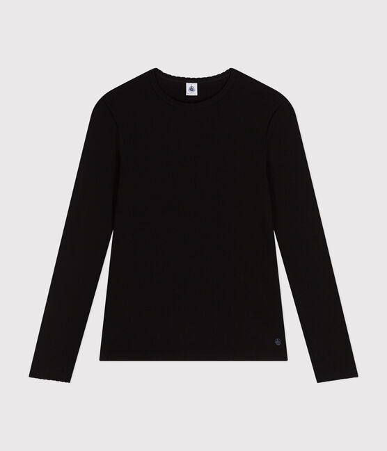 Langärmeliges Damen-T-Shirt "L'Iconique" mit Mäusezähnchenkante aus einfarbigem Rippstrick schwarz BLACK