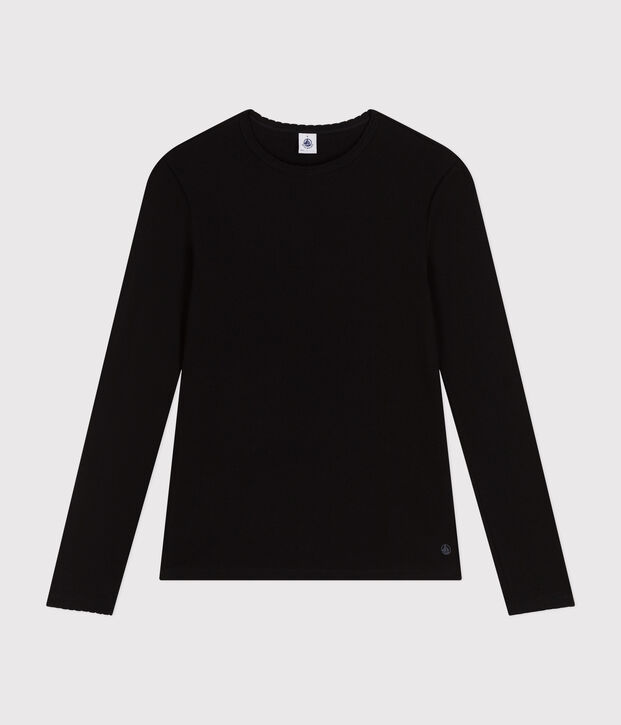 Lang&auml;rmeliges Damen-T-Shirt L'Iconique mit M&auml;usez&auml;hnchenkante aus einfarbigem Rippstrick schwarz